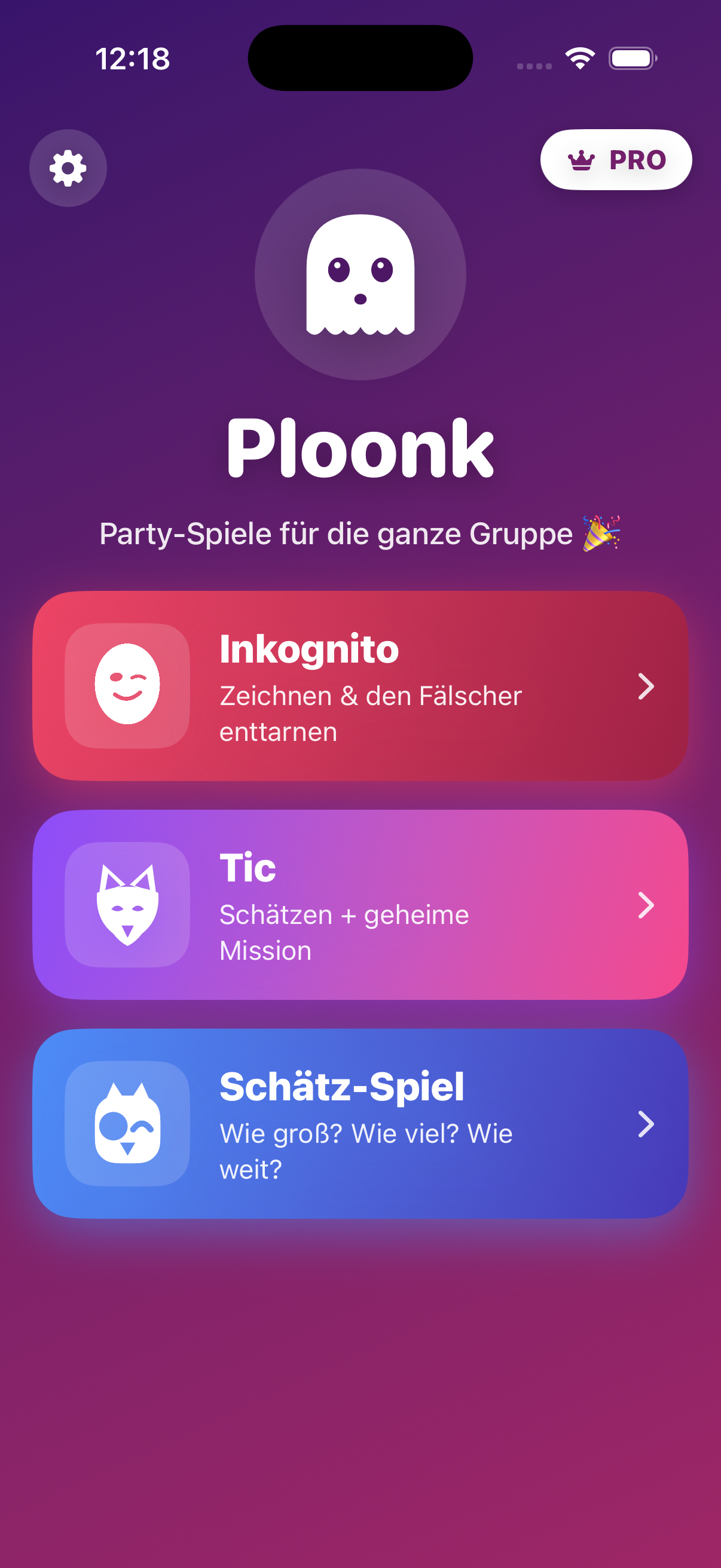 Ploonk Hauptmenü mit drei Spielen